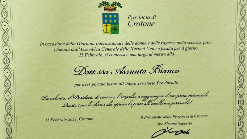 Giornata Internazionale delle donne e delle ragazze nella scienza, la Provincia di Crotone premia  la dottoressa Bianco